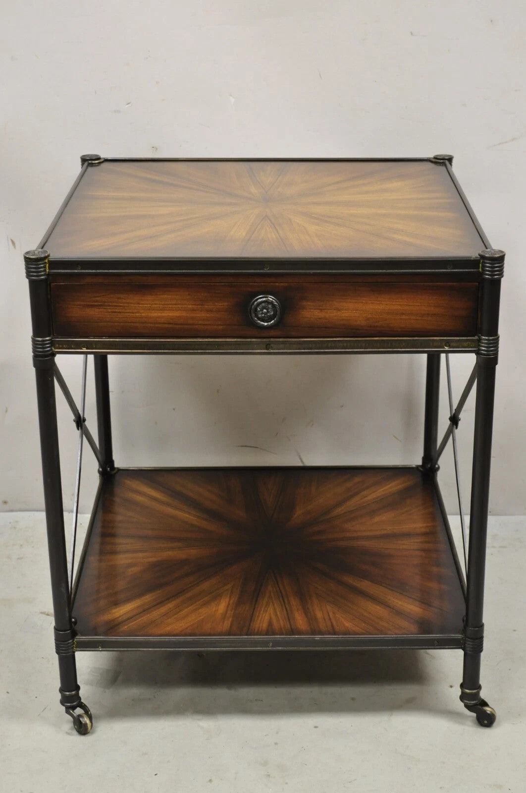 Industrial Style Iron and Wood X-Frame One Drawer Square Modern Side End Table