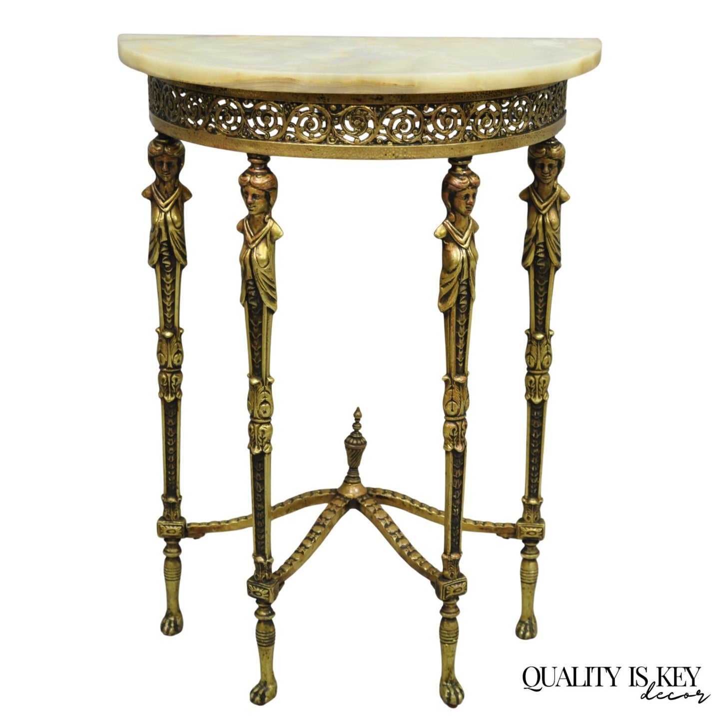 Antique Gothic Revival Oscar Bach Style Figural Bronze & Onyx Console Side Table