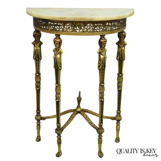 Antique Gothic Revival Oscar Bach Style Figural Bronze & Onyx Console Side Table