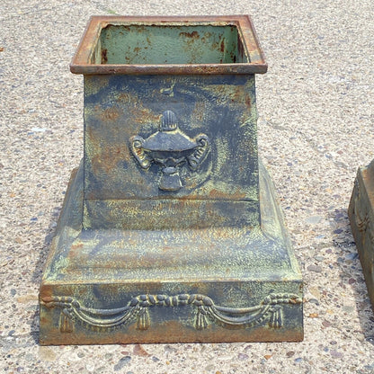 Vintage Neoclassical Style Green Cast Iron Garden Planter Urn Pedestal Base Pair