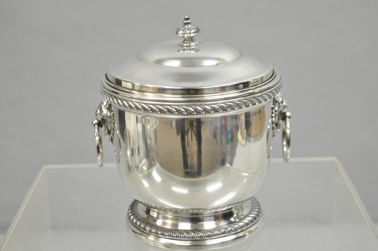 Vintage English Regency Silver Plated Lion Head Lidded Ice Bucket by Poole