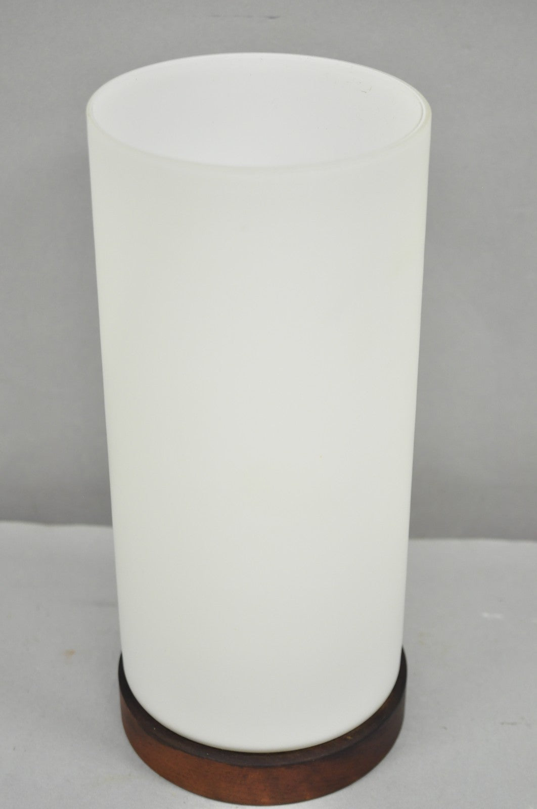 Vintage Mid Century Swedish Modern Frosted Glass Cylinder Small Teak Table Lamp