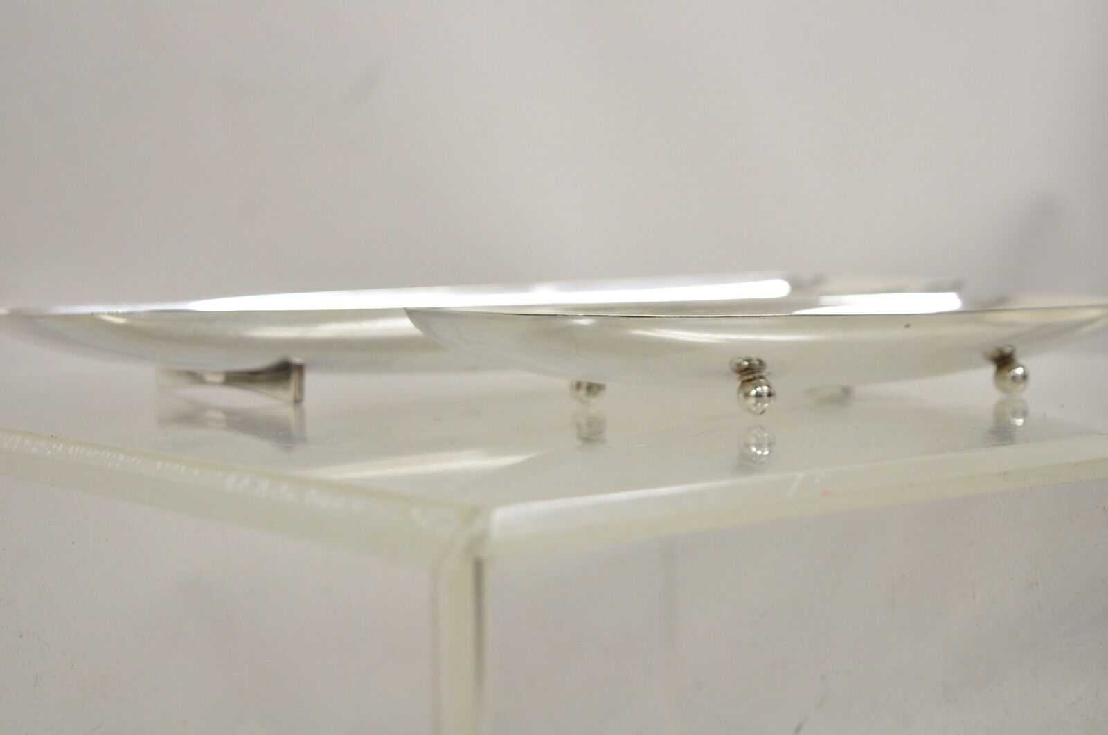 Vintage Mid Century Danish Modern Narrow Silver Plated Footed Dish Tray - 2 Pcs