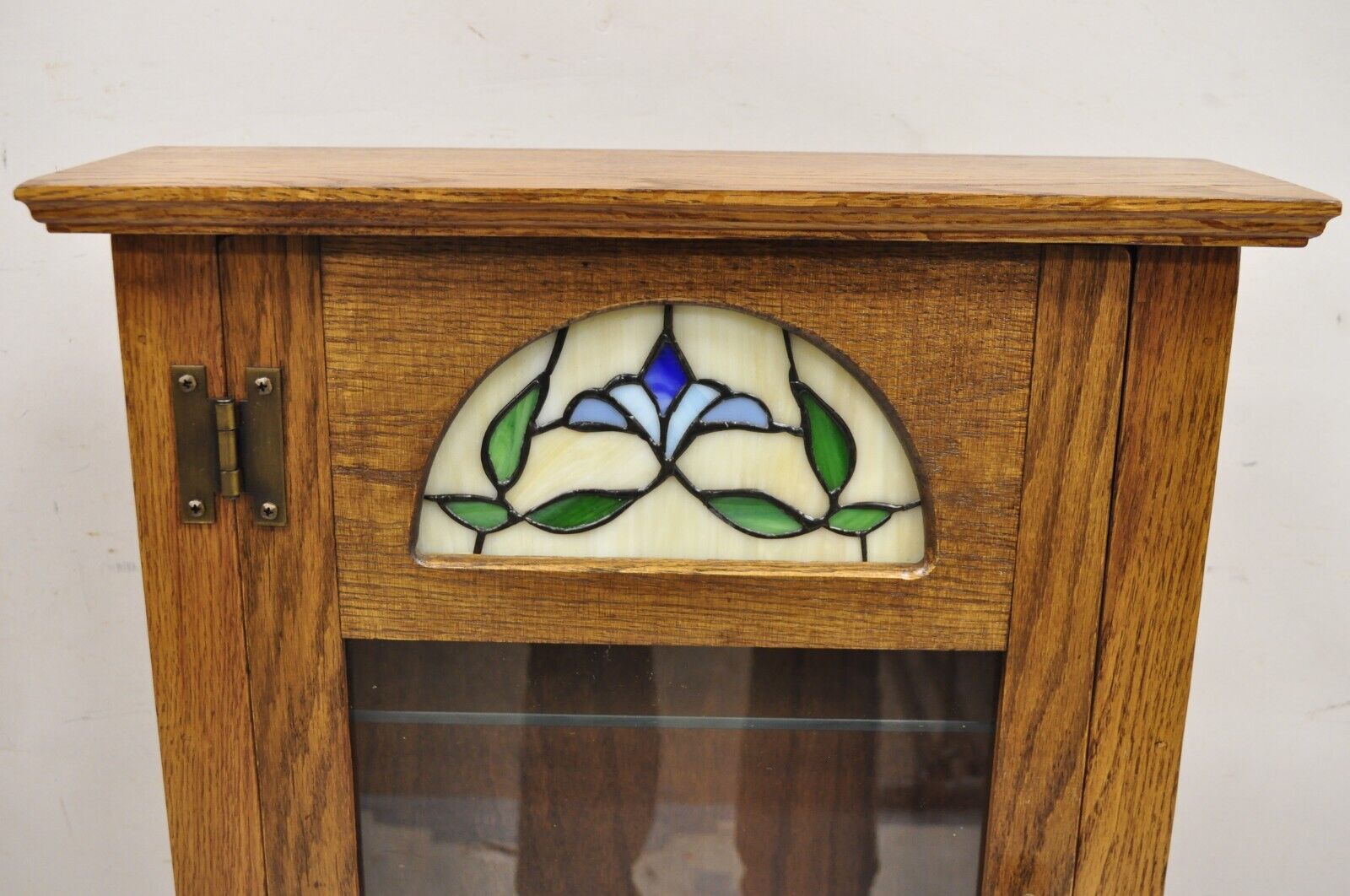 Vintage Victorian Style Oak Wood & Stained Glass Small Display Curio Cabinet