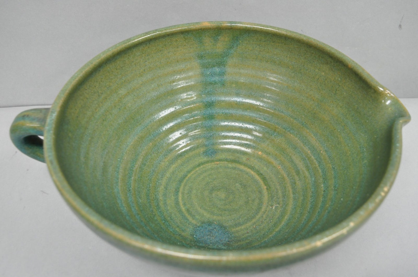 Vintage Primitive Green Glazed Ceramic Pottery Large Mixing Bowl w Handle