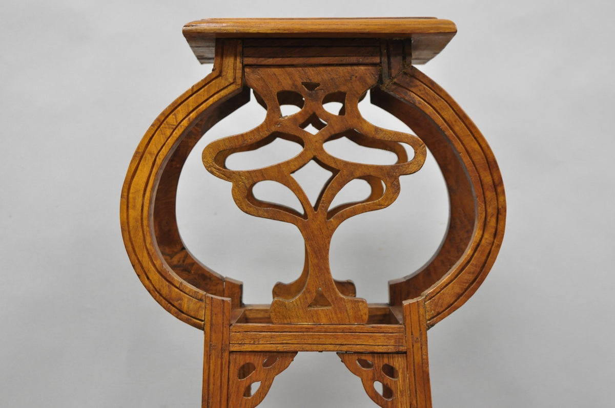 Vintage French Art Nouveau Style Carved Teak Pedestal Plant Stand Side Table