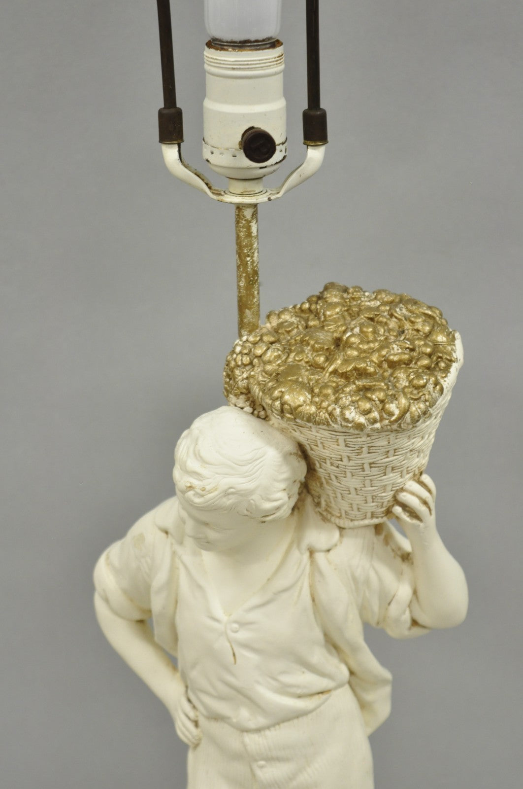 Vintage French Style White Painted Metal Figural Boy w Flower Basket Table Lamp