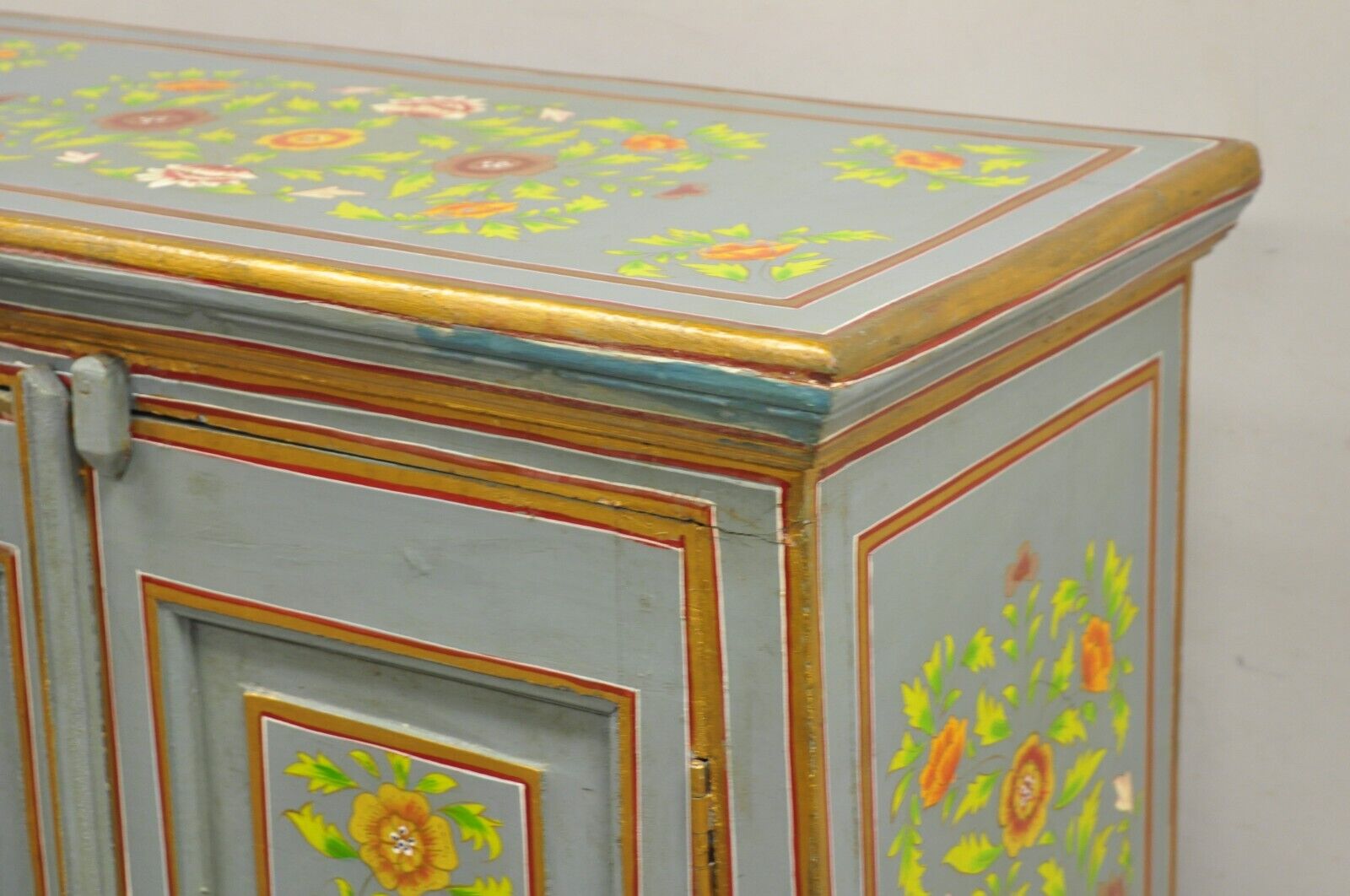 Vintage French Country Style Blue Painted Floral Wooden 2 Door Cupboard Cabinet
