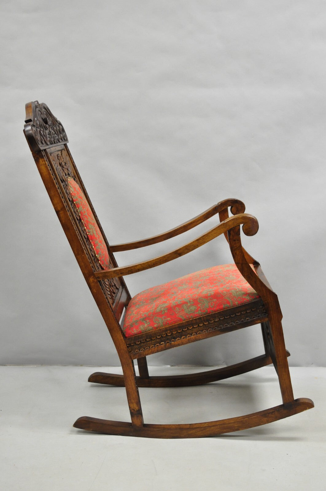Vintage Anglo Indian Renaissance Style Carved Wood Rocker Rocking Chair
