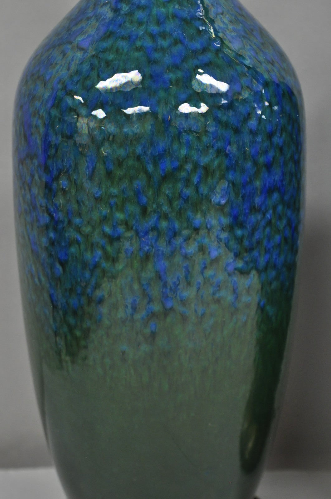 Mid Century Modern Blue & Green "Peacock" Glazed Ceramic Pottery Table Lamp Pair