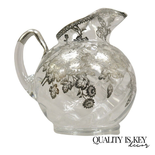Cambridge Gyro Optic Ball Glass Swirl Water Pitcher w/ Sterling Silver Overlay