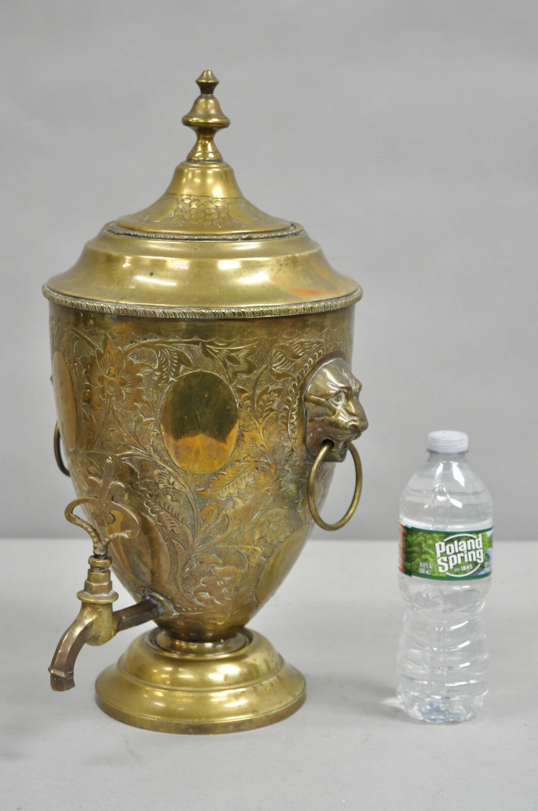 Antique Italian Renaissance Brass Floral Repousse Lions Samovar Drink Dispenser