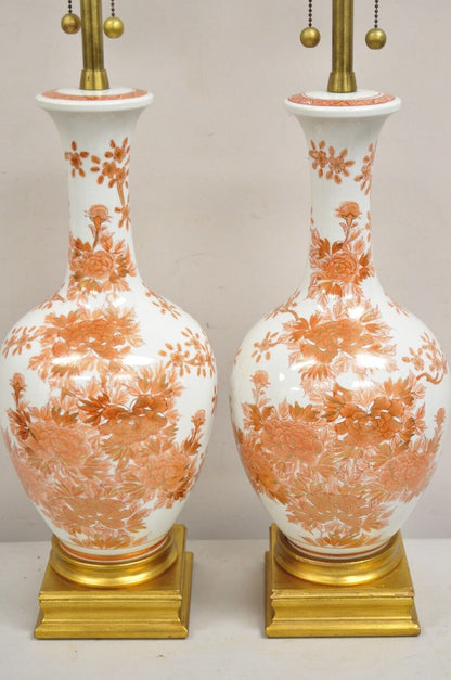 Vintage Marbro Chinoiserie Porcelain Vase Orange Floral Asian Table Lamp Pair