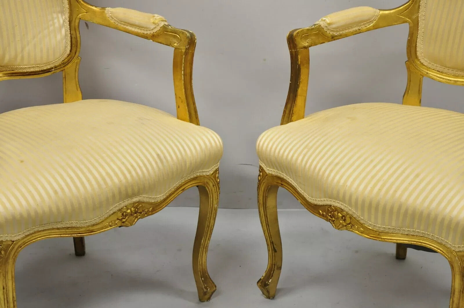 Vintage French Louis XV Style Gold Gilt Wood Arm Chairs to Refinish DIY - a Pair