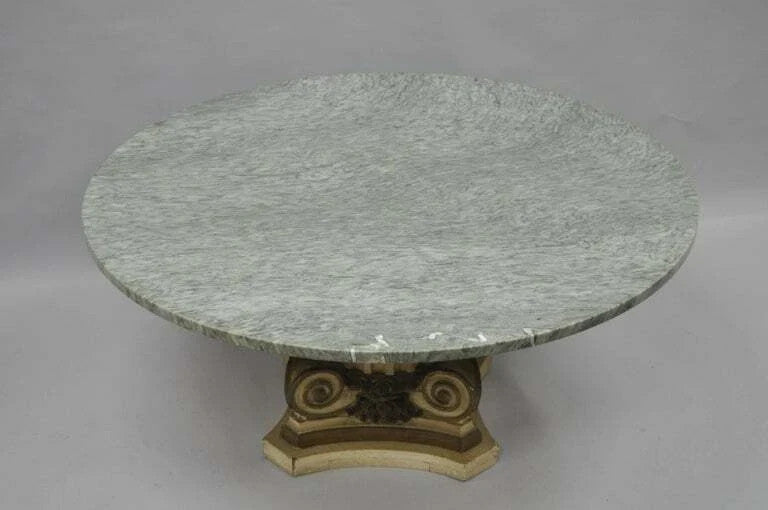 French Empire Round Marble Top Corinthian Column Wood Pedestal Base Coffee Table