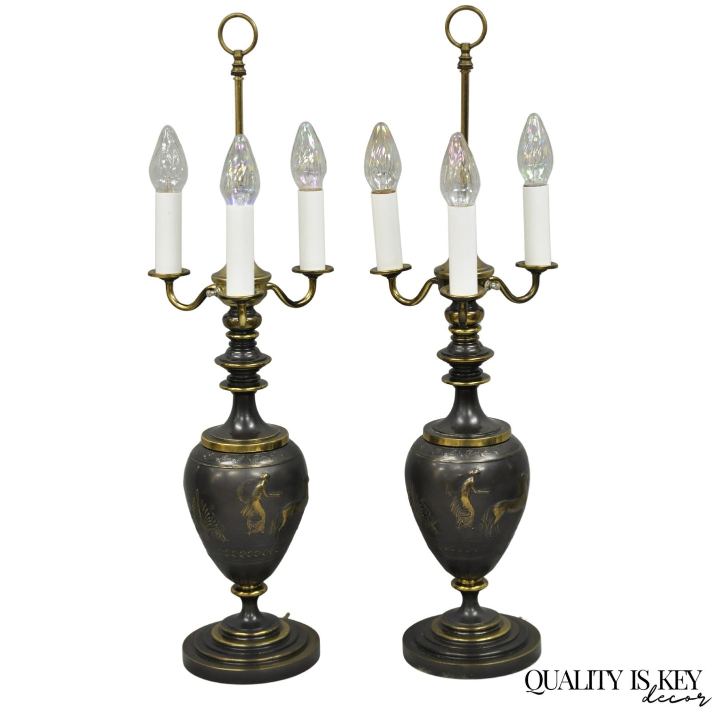 Antique Roman Neoclassical Bronze Finish Figural Candelabra Table Lamps - a Pair