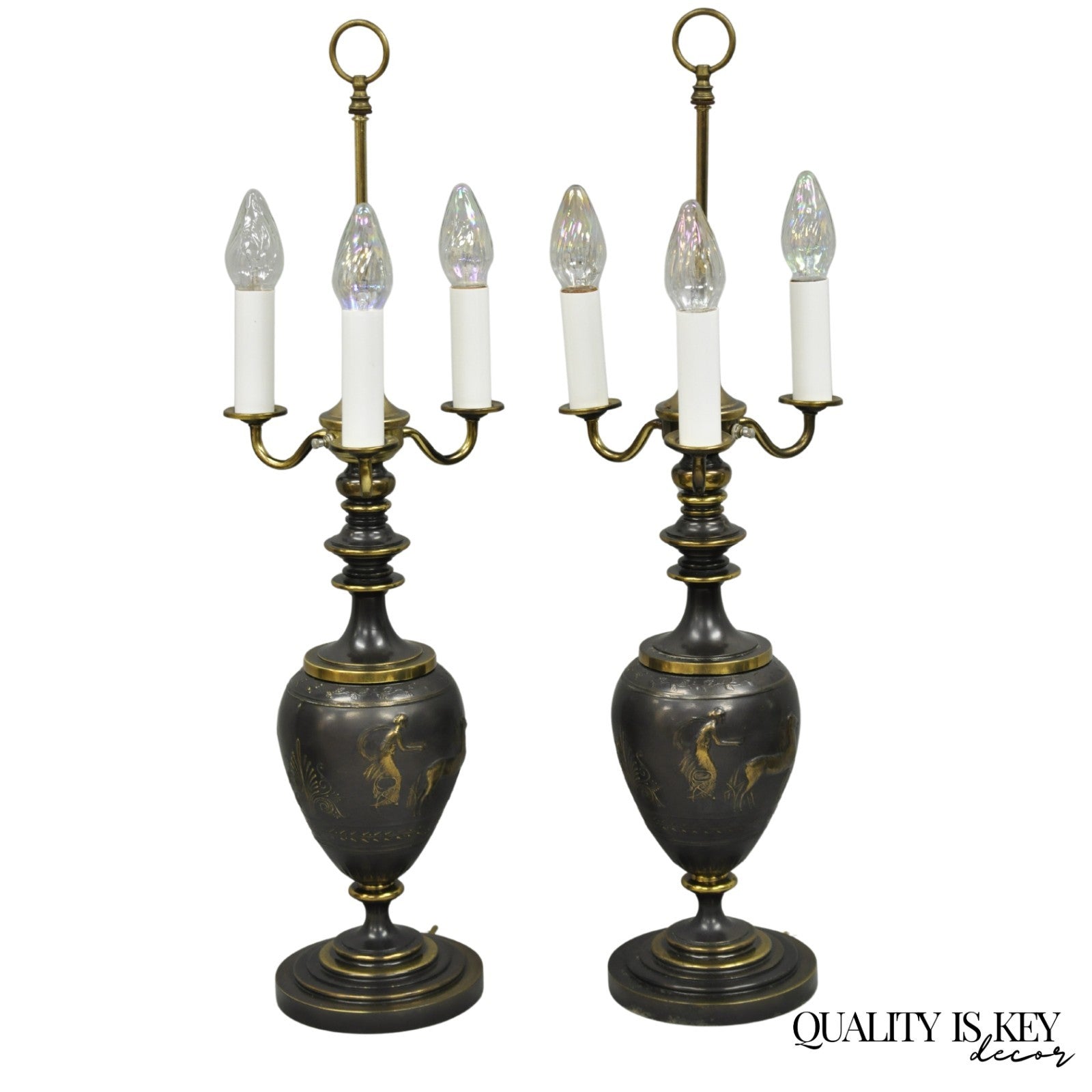Antique Roman Neoclassical Bronze Finish Figural Candelabra Table Lamps - a Pair