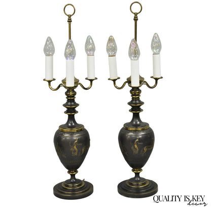 Antique Roman Neoclassical Bronze Finish Figural Candelabra Table Lamps - a Pair