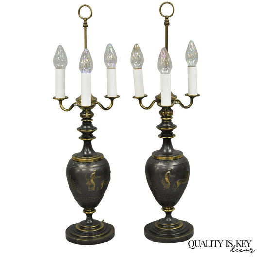Antique Roman Neoclassical Bronze Finish Figural Candelabra Table Lamps - a Pair