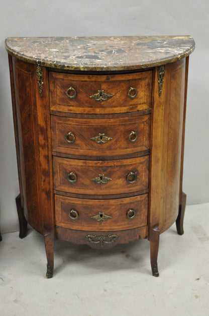 Antique French Louis XV Style Demilune Marble Top 4 Drawer Nightstand Table Pair