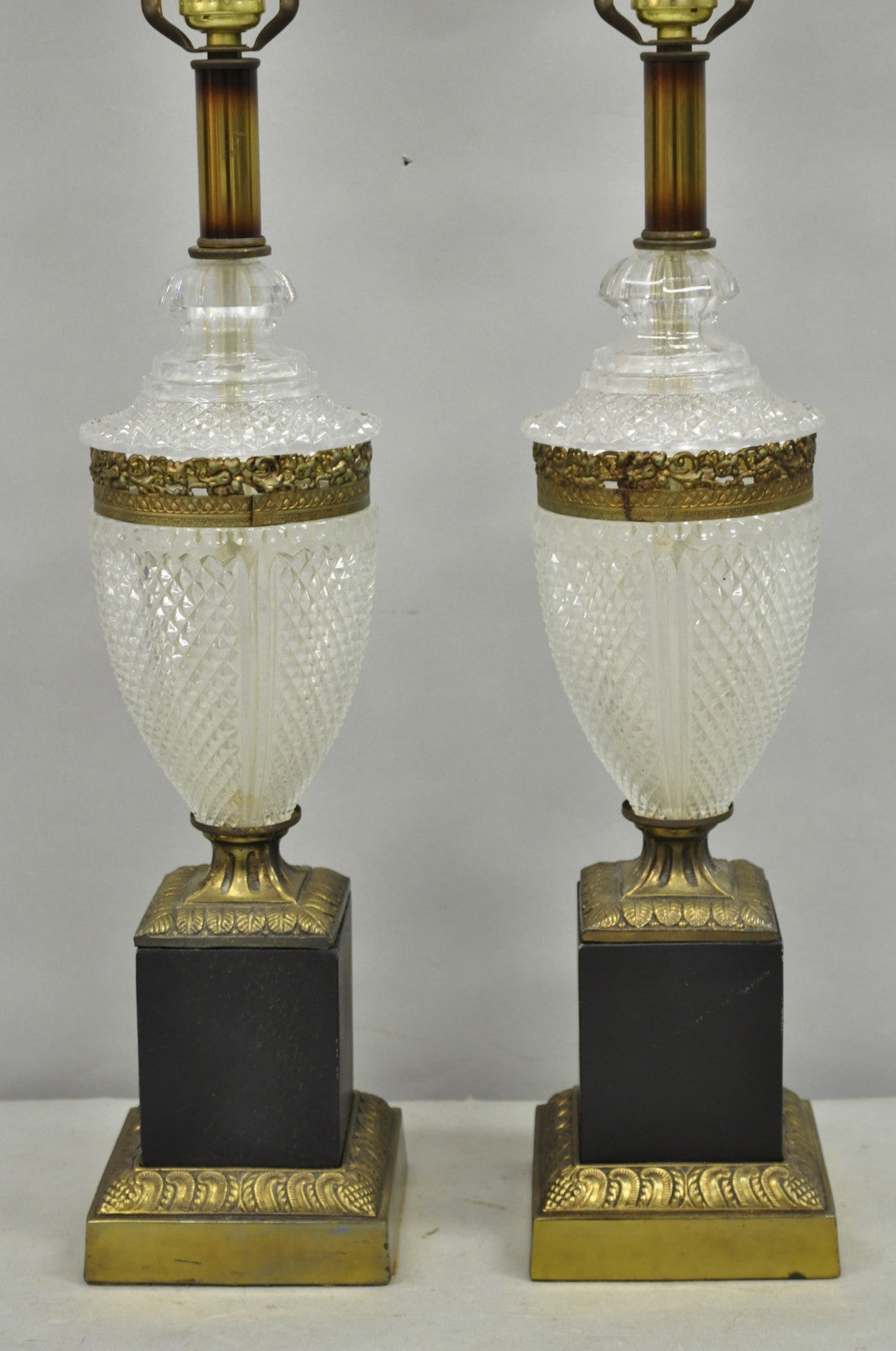 Vintage French Empire Hollywood Regency Cut Glass Crystal Urn Table Lamps - Pair