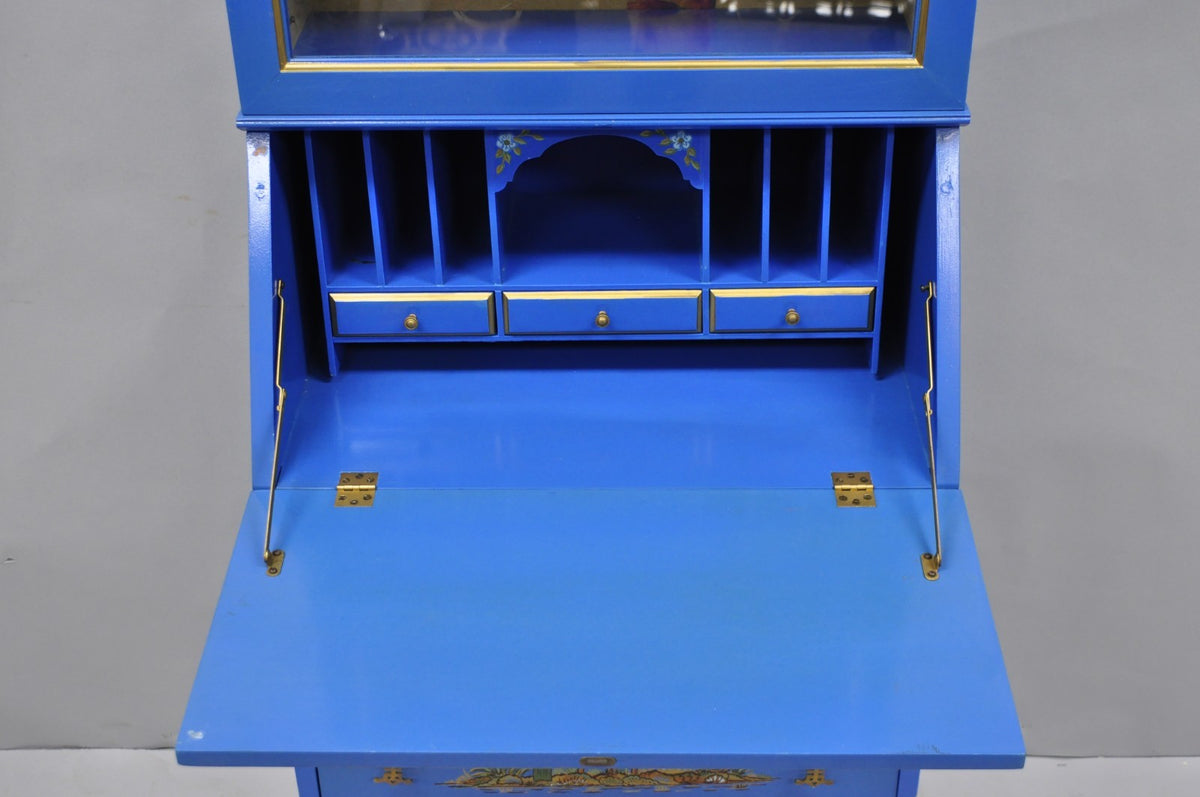 Vintage Chinoiserie Blue Hand Painted Gold Gilt Narrow Bookcase Secretary Desk