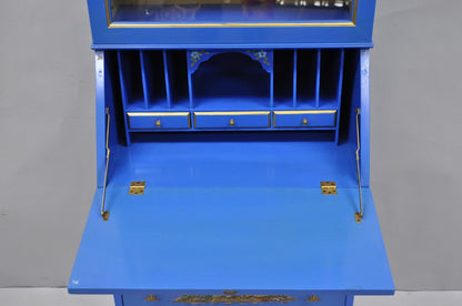 Vintage Chinoiserie Blue Hand Painted Gold Gilt Narrow Bookcase Secretary Desk