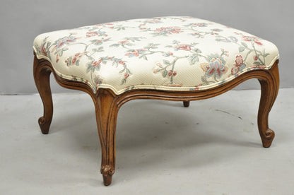 Vintage French Country Louis XV Carved Walnut Pink Floral Footstool Ottoman