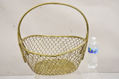 Vintage Solid Brass Wire Metal Hollywood Regency Hand Woven Basket With Handle