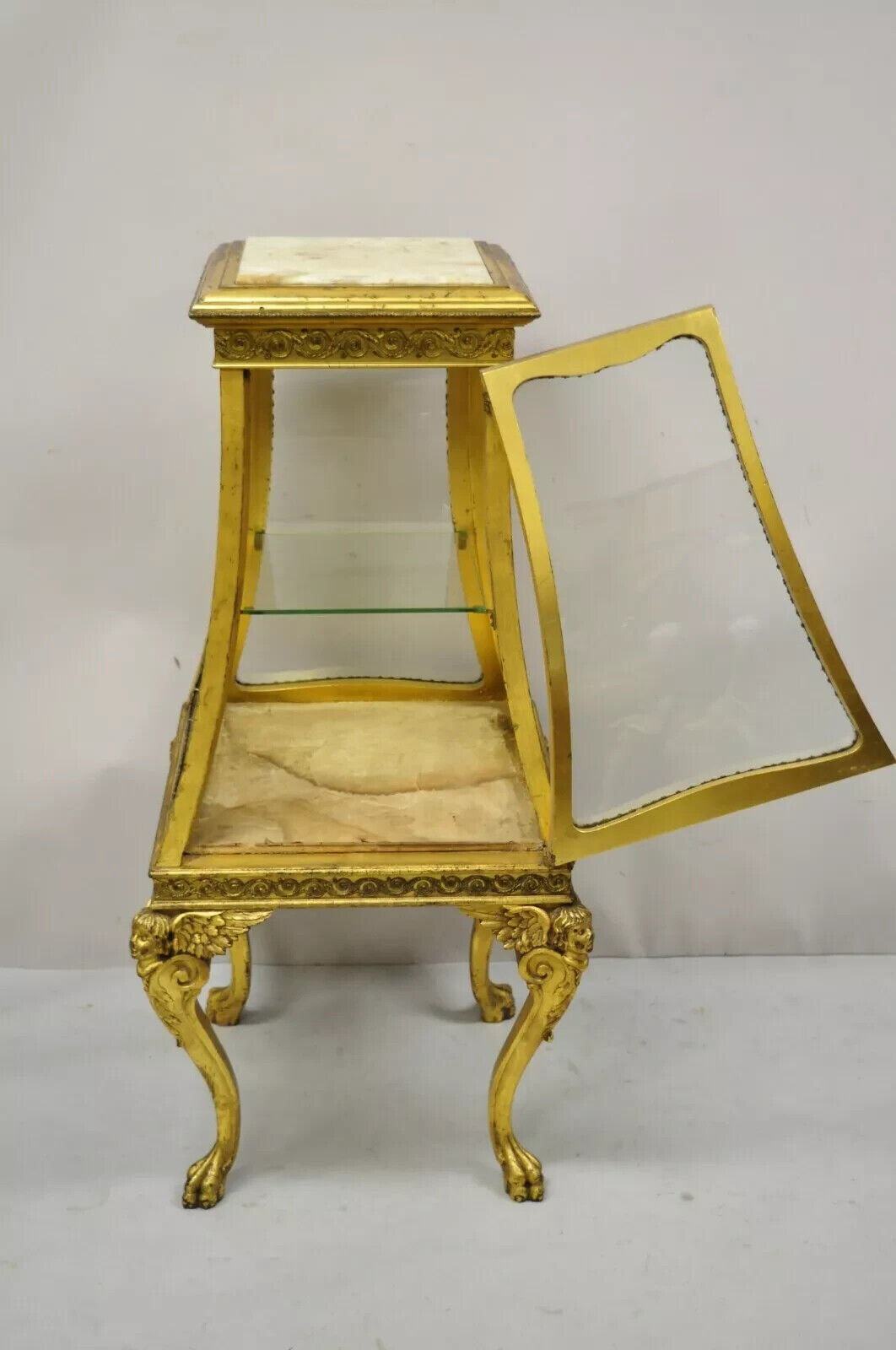 Antique French Empire Gold Gilt Cherub Vitrine Curio Cabinet w/ Onyx Pedestal