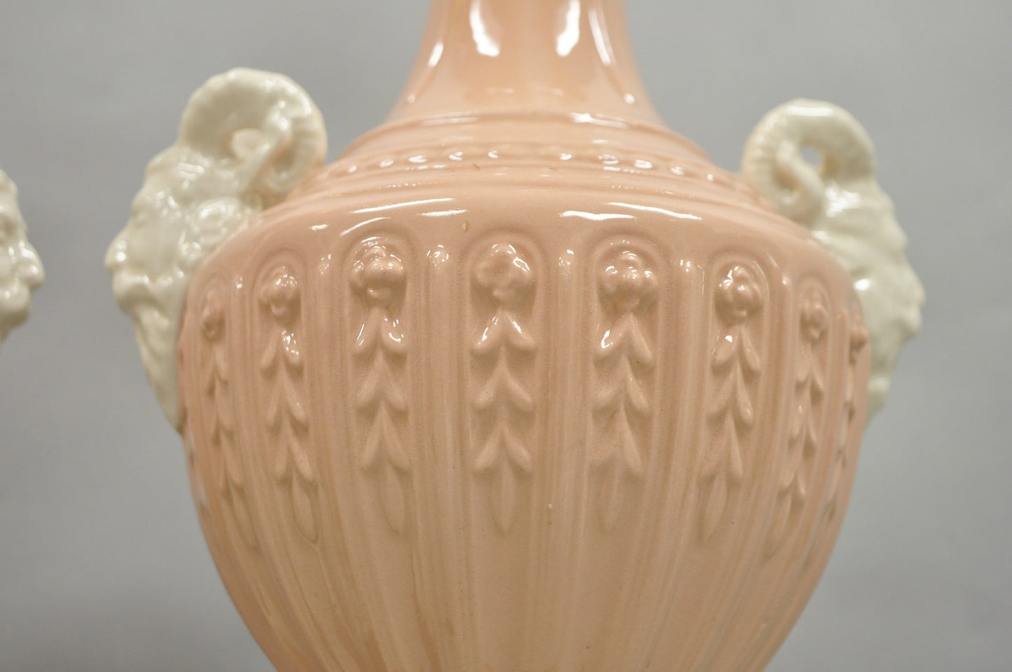 Vintage Italian Neoclassical Pink Porcelain Urn Table Lamps w/ Bearded Man, Pair