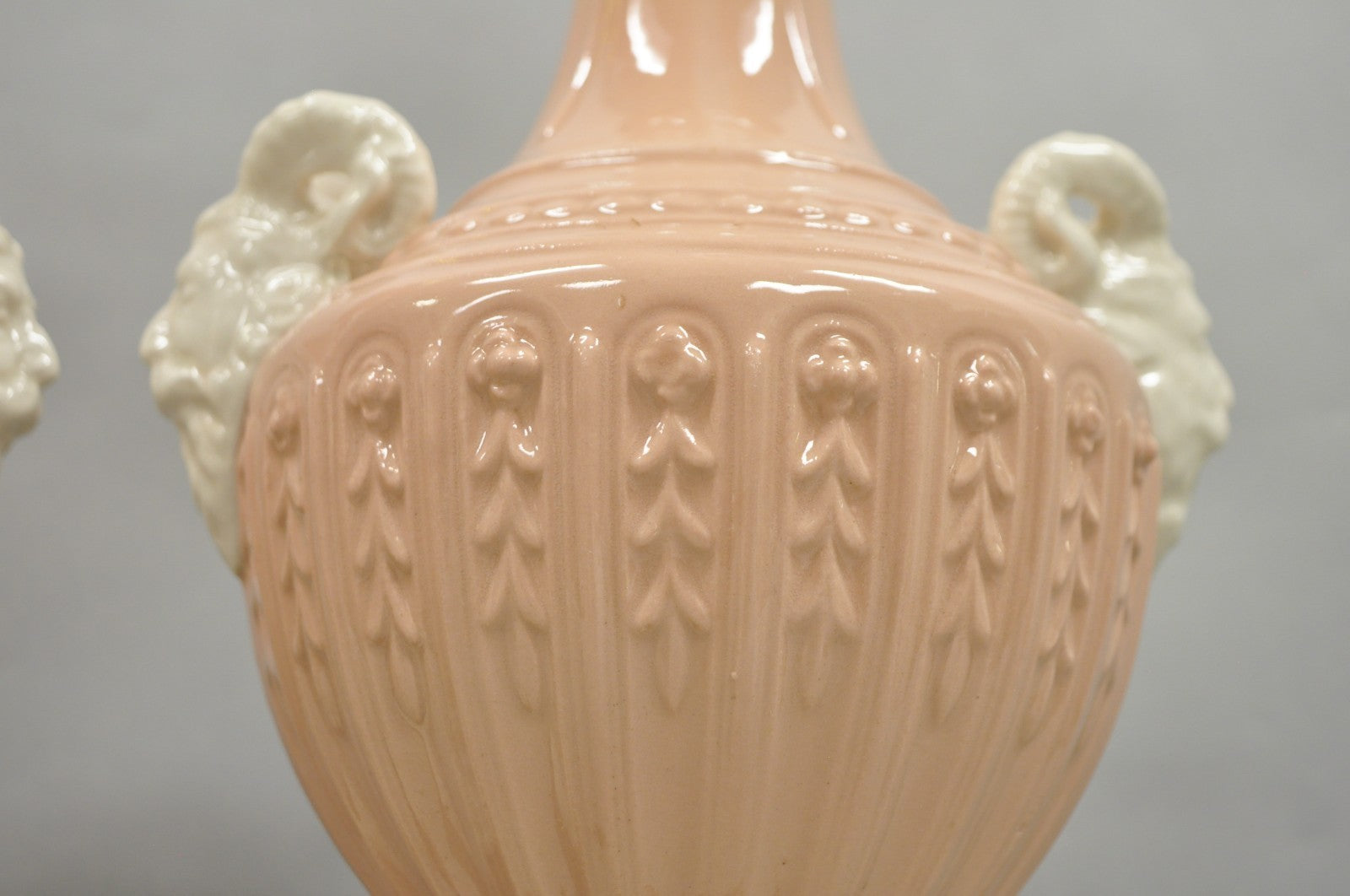 Vintage Italian Neoclassical Pink Porcelain Urn Table Lamps w/ Bearded Man, Pair