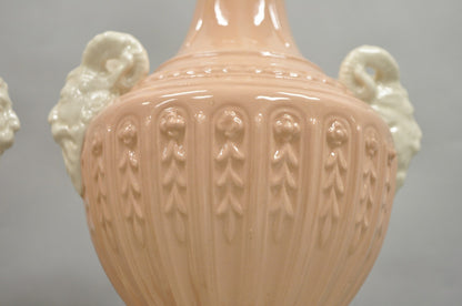 Vintage Italian Neoclassical Pink Porcelain Urn Table Lamps w/ Bearded Man, Pair