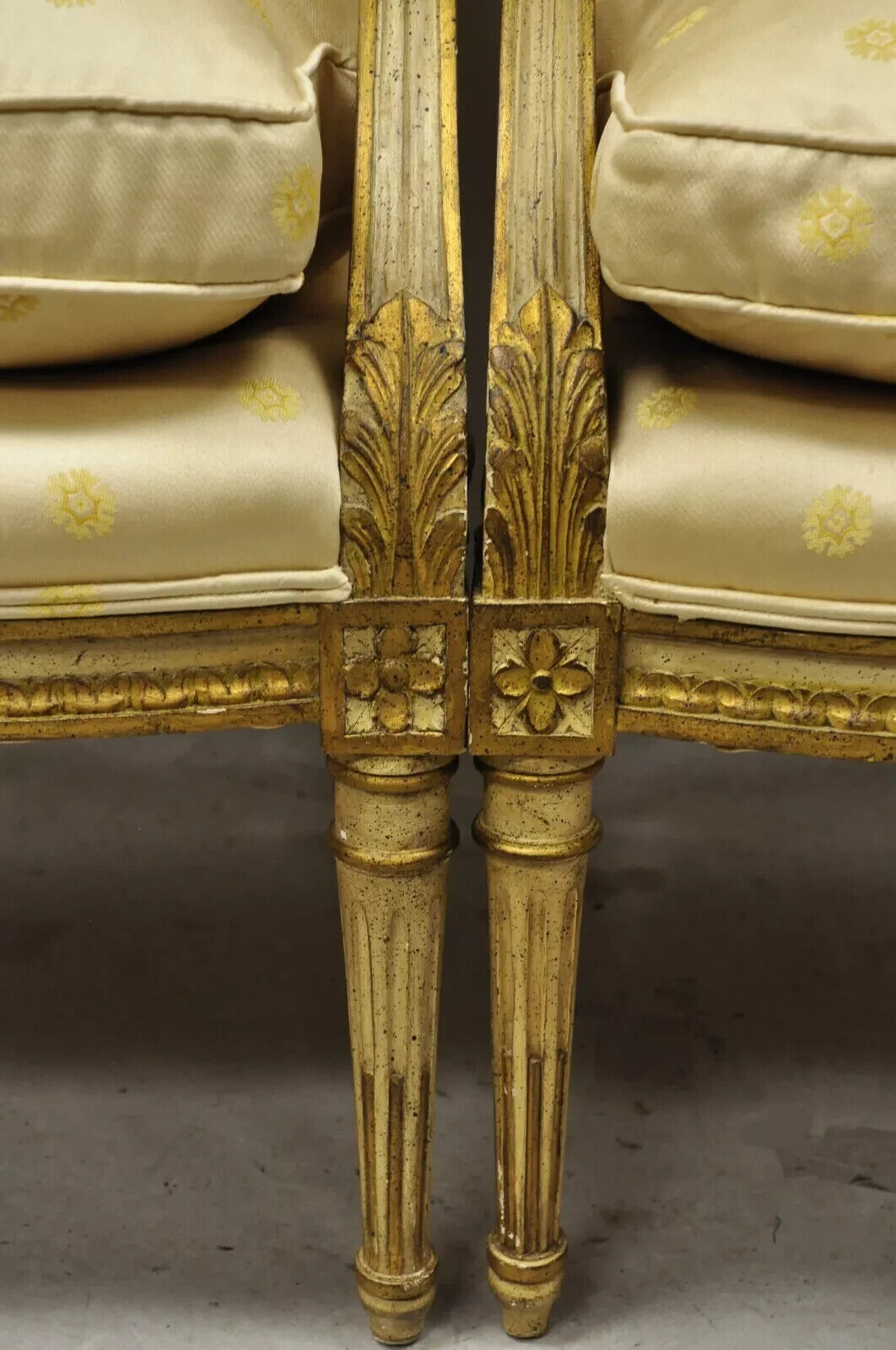 French Louis XVI Neoclassical Gold Silk Fauteuil Parcel Gilt Arm Chairs - a Pair