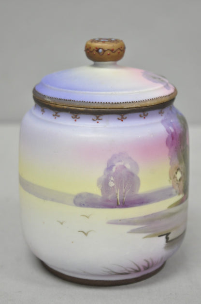 Antique Nippon Hand Painted Porcelain Countryside Lake Scene Covered Biscuit Jar