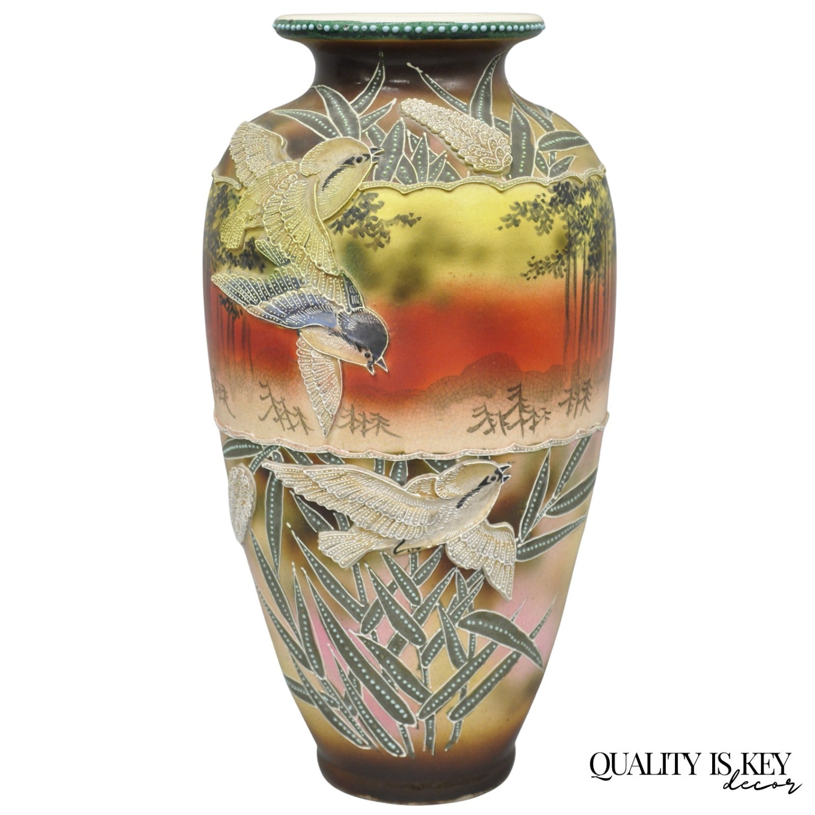 Antique Japanese Heavy Moriage Hand Painted Porcelain Oriental Bird Satsuma Vase