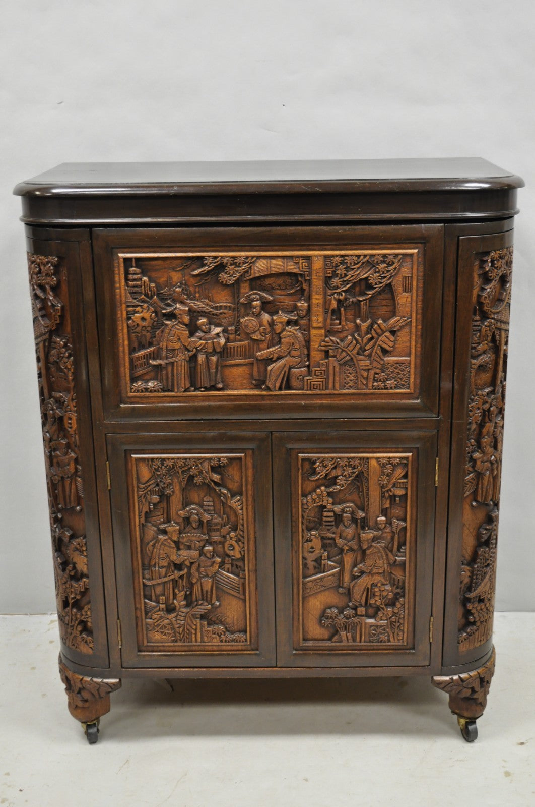 Vintage J L George Zee Chinese Figural Carved Teak Wood Flip Top Dry Bar Cabinet