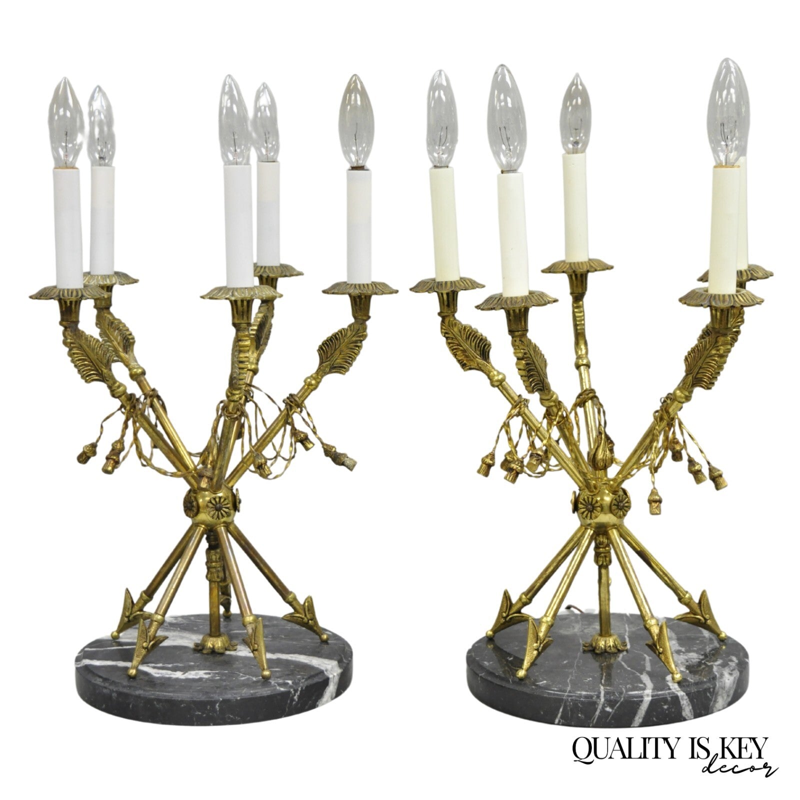 Vintage French Neoclassical Brass "Arrow" Marble Candelabra Table Lamps - a Pair