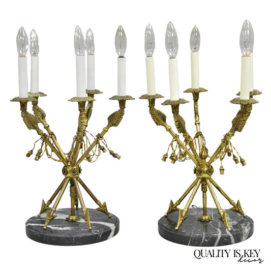 Vintage French Neoclassical Brass "Arrow" Marble Candelabra Table Lamps - a Pair