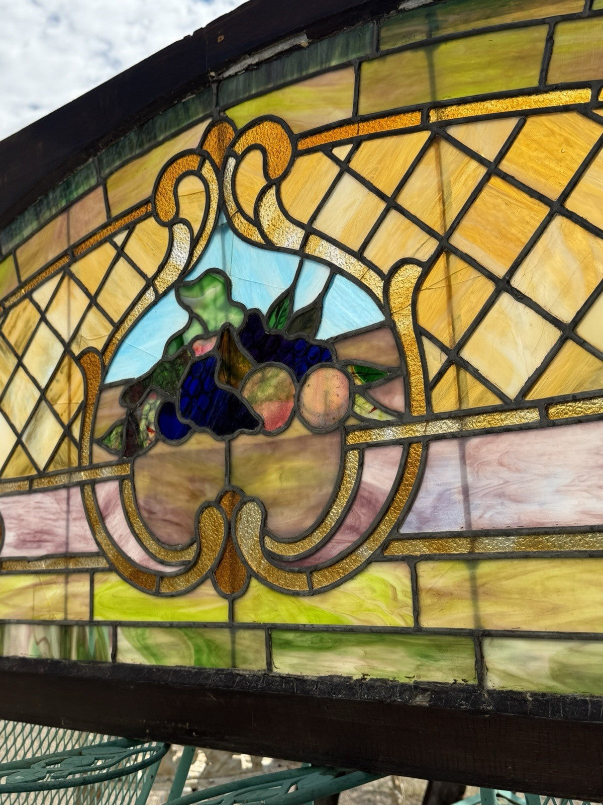 Antique Art Nouveau Colored Stained Glass Fruit 27 x 75 Arched Transom Window, B