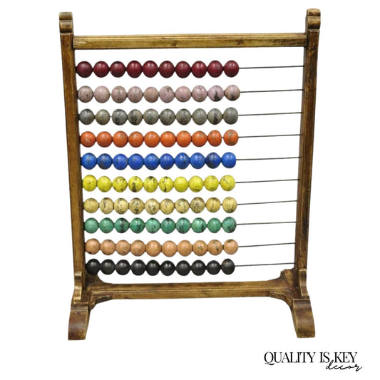 Large Vintage Mongolian Wooden Standing Math Abacus with Painted Wooden Balls