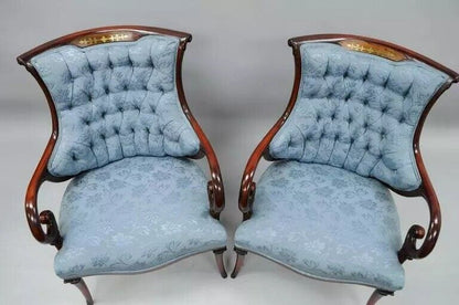 Antique Hollywood Regency Grosfeld House Mahogany & Rosewood Arm Chairs - a Pair