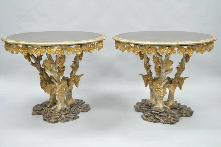 Vintage Italian Venetian Carved Wood Faux Bois Grapevine Center Tables - a Pair