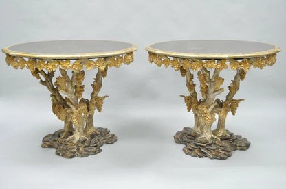 Vintage Italian Venetian Carved Wood Faux Bois Grapevine Center Tables - a Pair