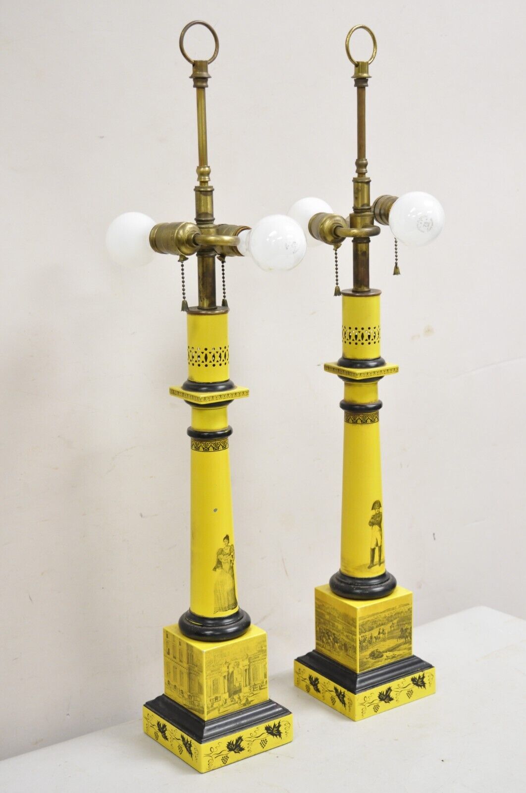 Antique Italian Regency Yellow Painted French Tole Metal Column Table Lamp Pair