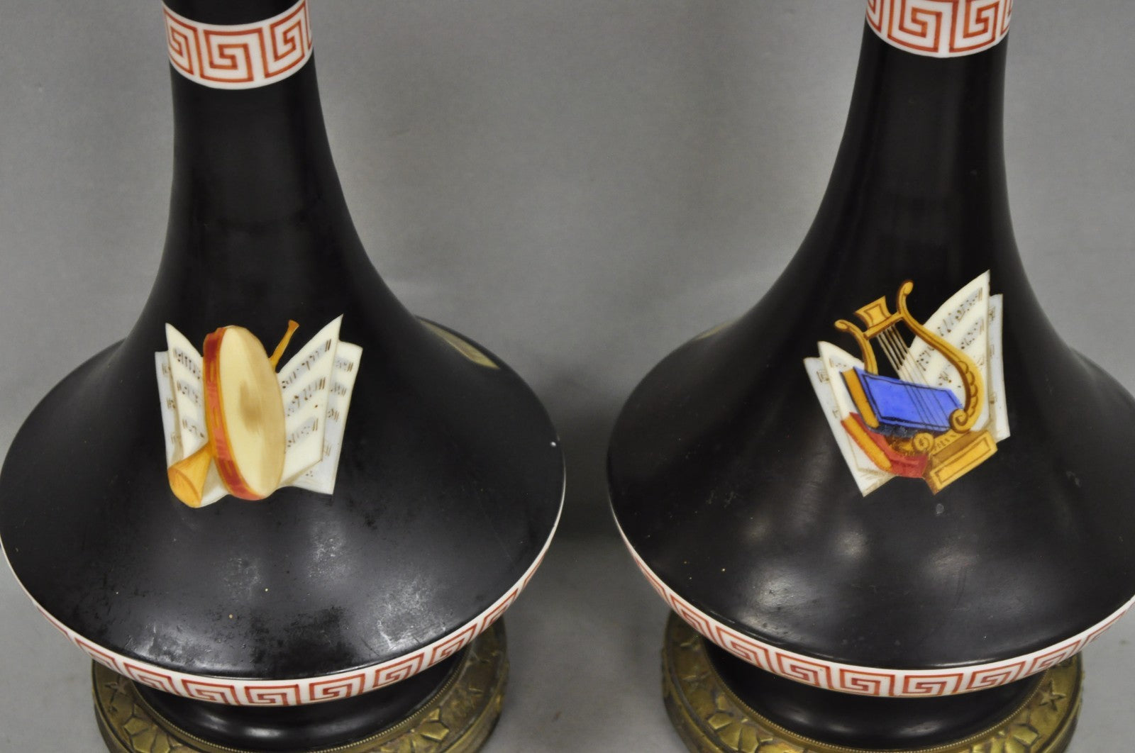 Antique French Neoclassical Bronze & Black Porcelain Painted Table Lamps - Pair