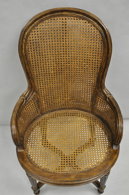 Vintage French Louis XVI Style Cane Balloon Back Walnut Arm Chairs - a Pair