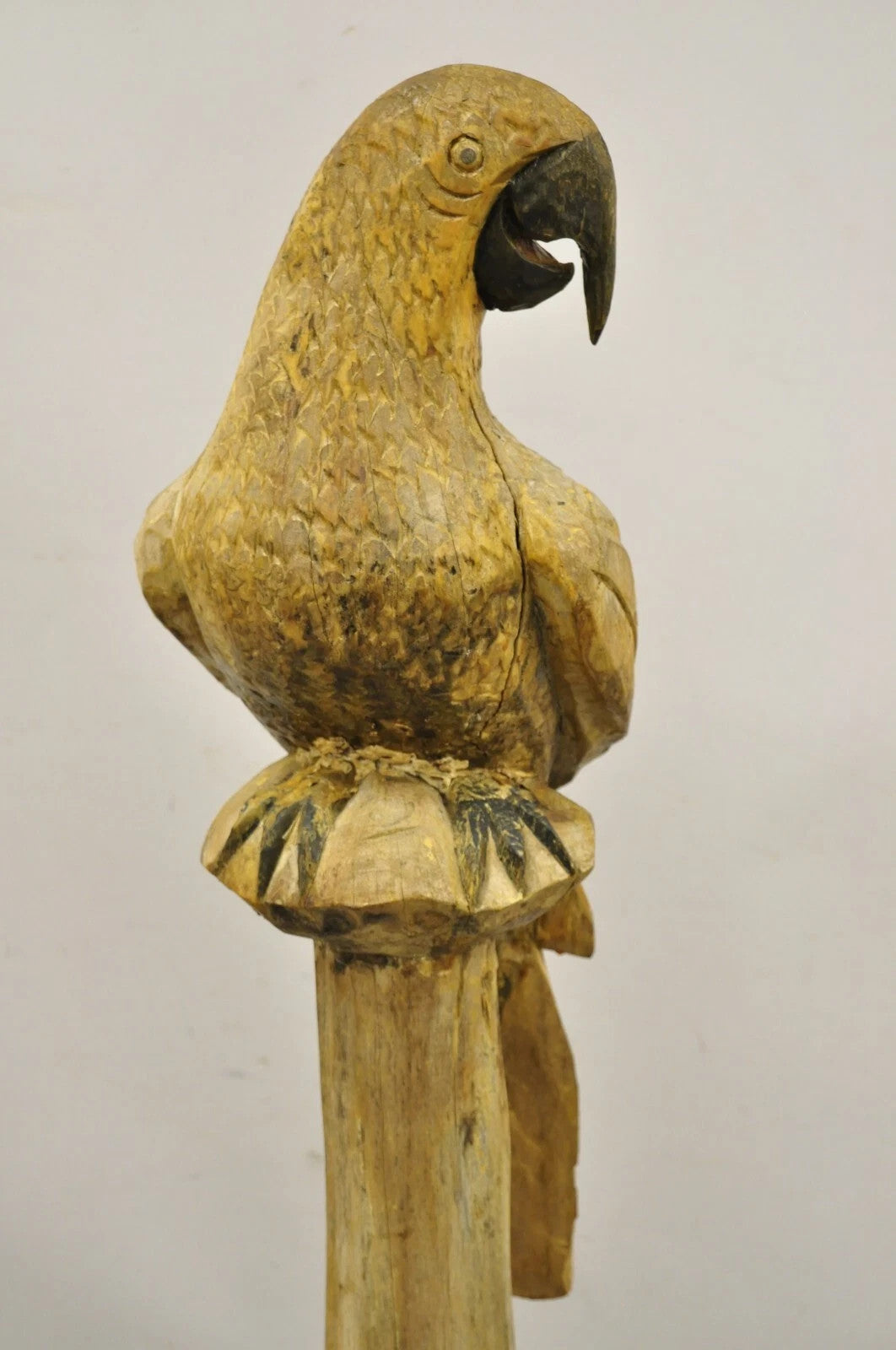 Large 46" Vintage Mid Century Carved Wood Perched Parrot Bird Statue Sculpture
