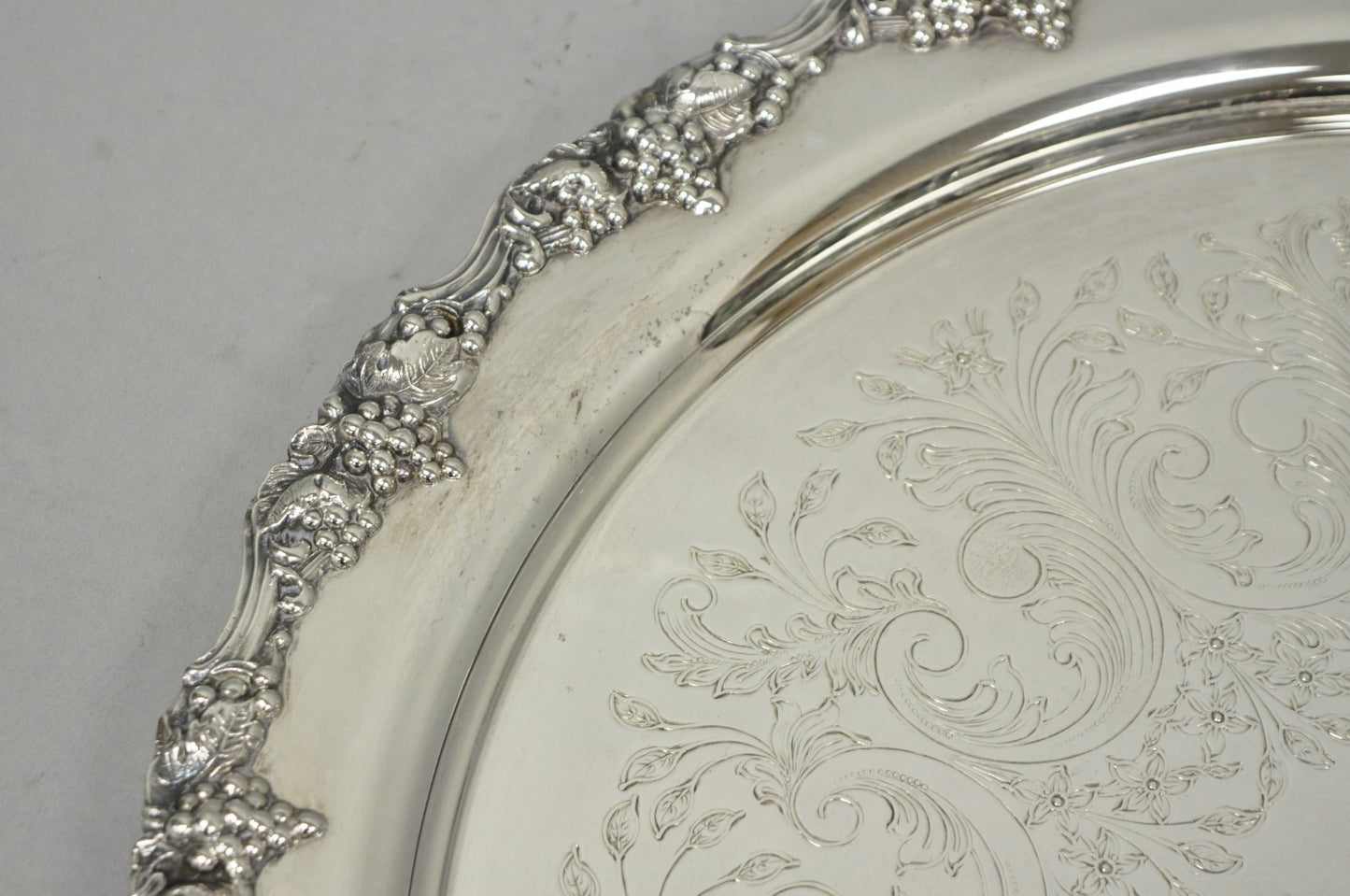 Vintage Victorian Silver Plated Grapevine Repousse 20" Round Serving Platter