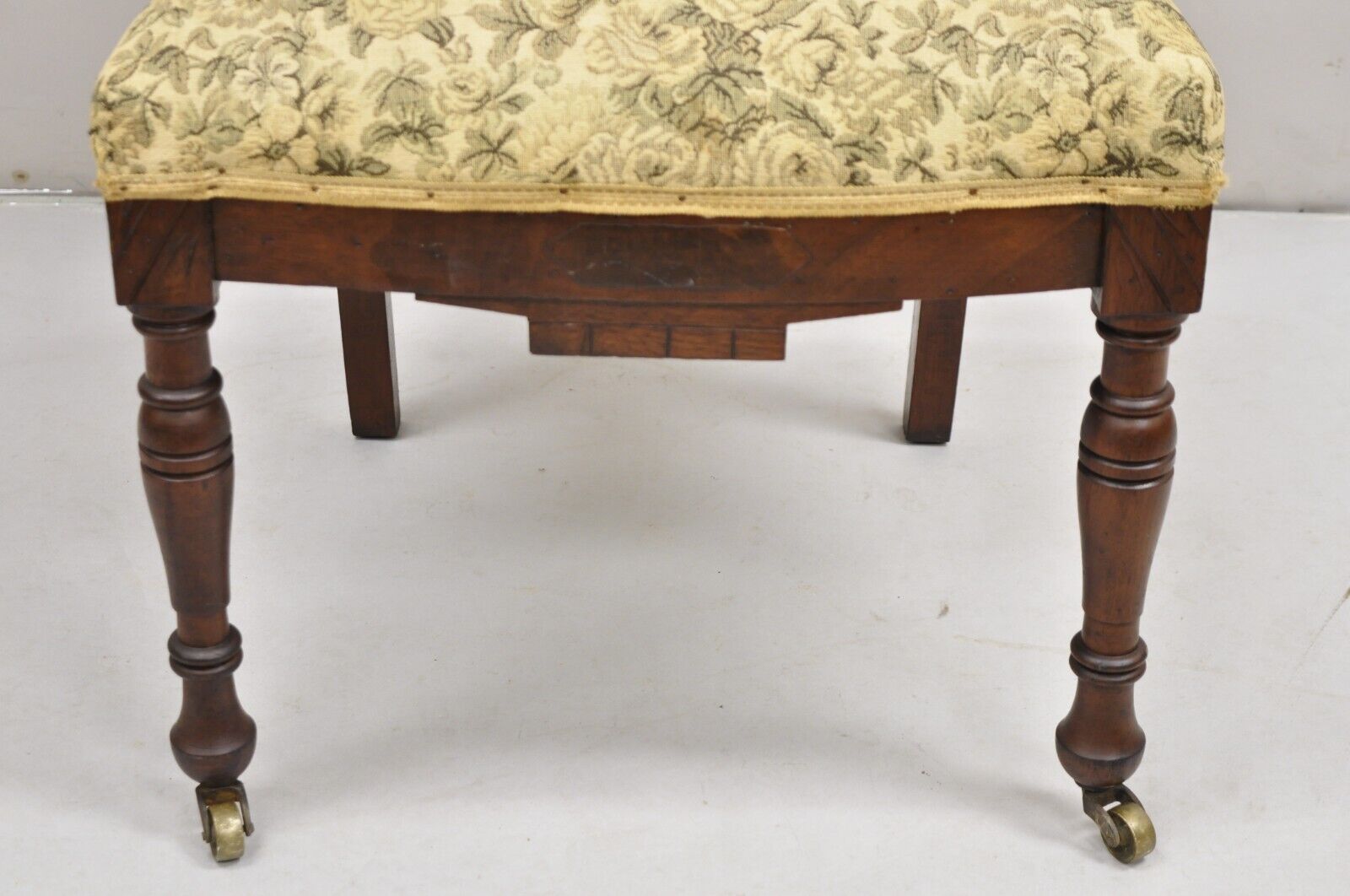 Antique Eastlake Victorian Carved Walnut Parlor Side Chair with Floral Tapestry